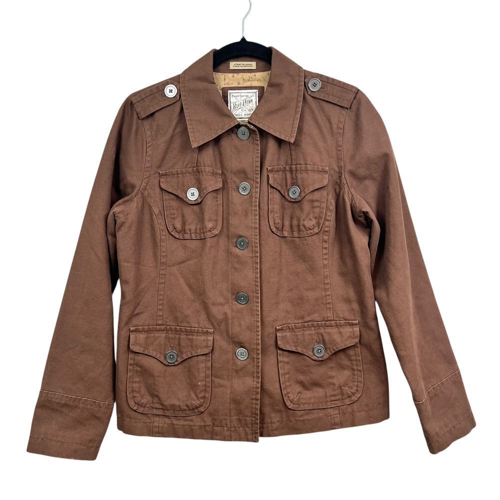 Ruff Hewn Womens Military Utility Jacket Collared Flap Pockets Lined Brown Sz M*